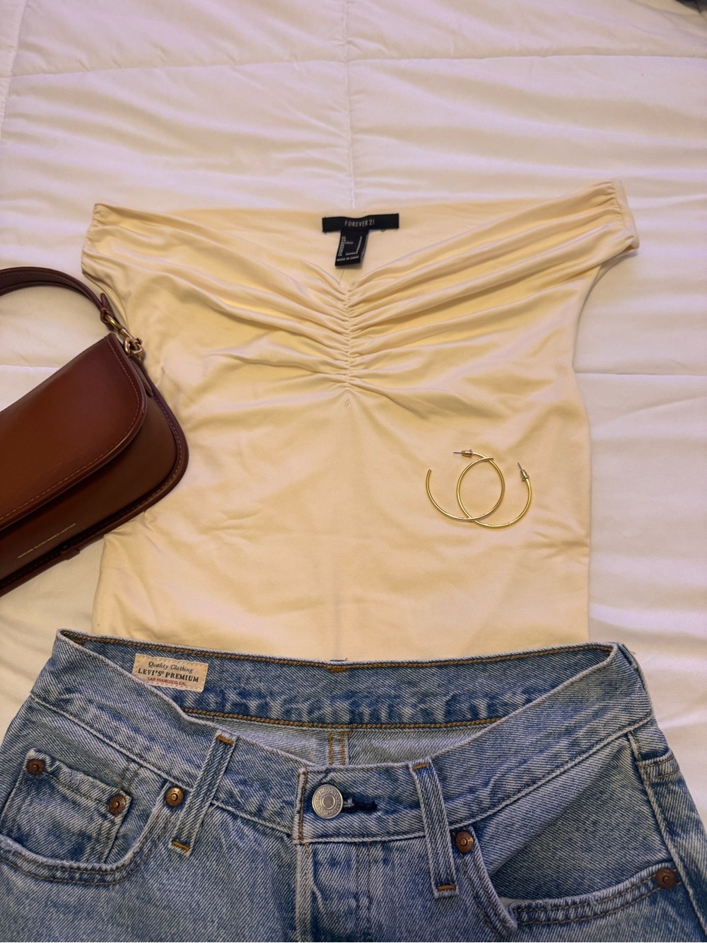 Forever 21 Cream Off-Shoulder Ruched Camisole